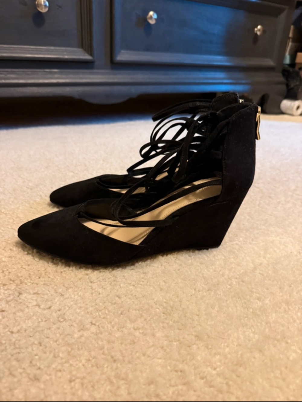 BCBG Zolee 2 Suede Black Strappy Wedge Heels